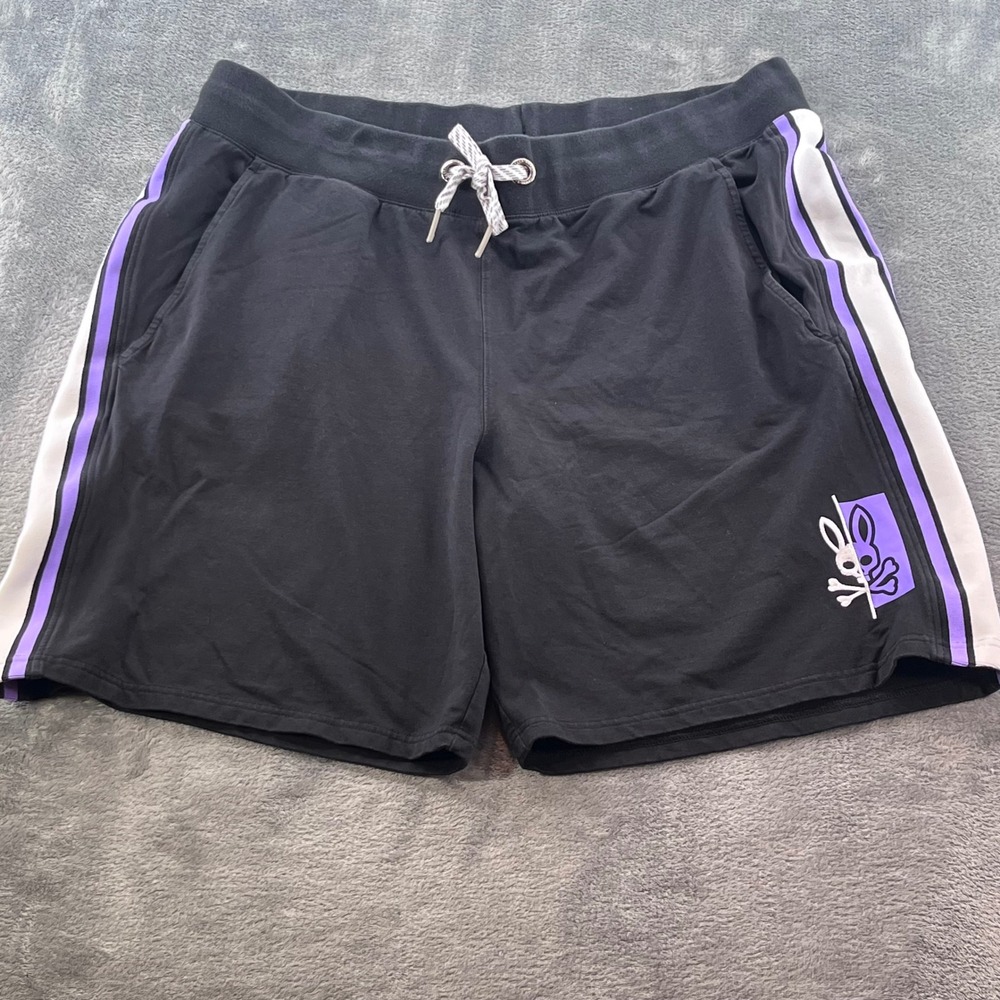 Psycho Bunny Mens Black Sweat Shorts Purple Side Stripe Logo XL